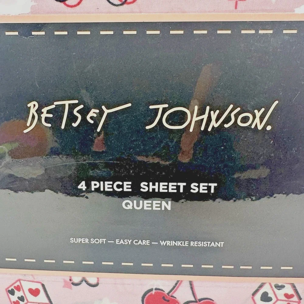 Betsey Johnson Cherry Bow Dice Sheet Set Queen Pink Coquette Bedding 4pc